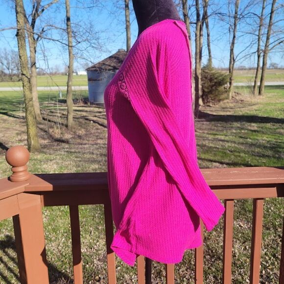 Faded Glory Pink Long Sleeve Round Neck Lace Insert Waffle Knit Tunic Top Size M - Picture 5 of 14